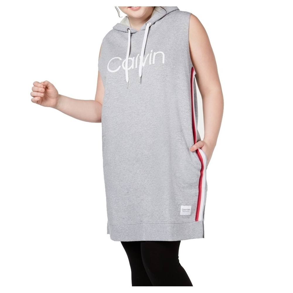Calvin Klein Plus Performance Gray Hoodie Dress Red and White Stripes NWT 3X